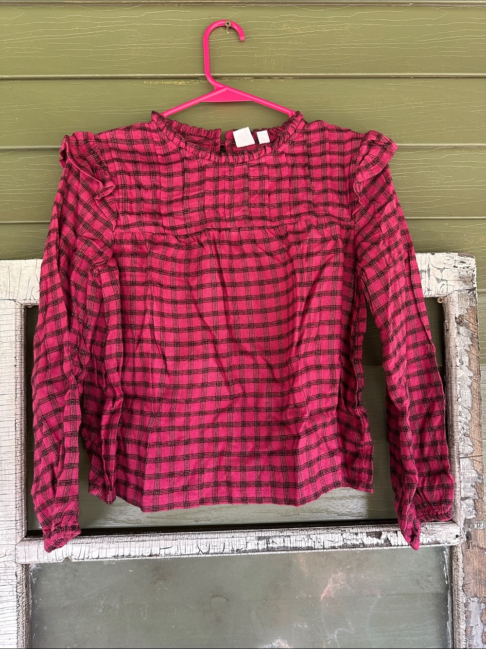GAP Pink and Black Plaid Long-Sleeve Ruffle Yoke Blouse